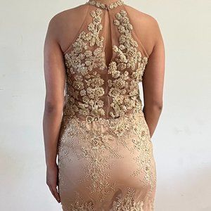 An elegant fish-shape gown (no-stretch) made with embroidered net and beads